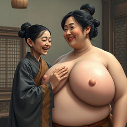 In a room from the Ming Dynasty, a young Chinese woman, distinctly short and emaciated with rotten teeth, is wearing a long, fully closed Buddhist robe