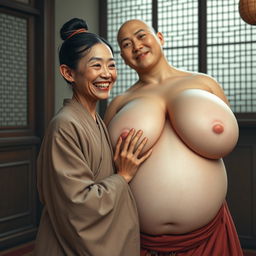 In a room from the Ming Dynasty, a young Chinese woman, distinctly short and emaciated with rotten teeth, is wearing a long, fully closed Buddhist robe