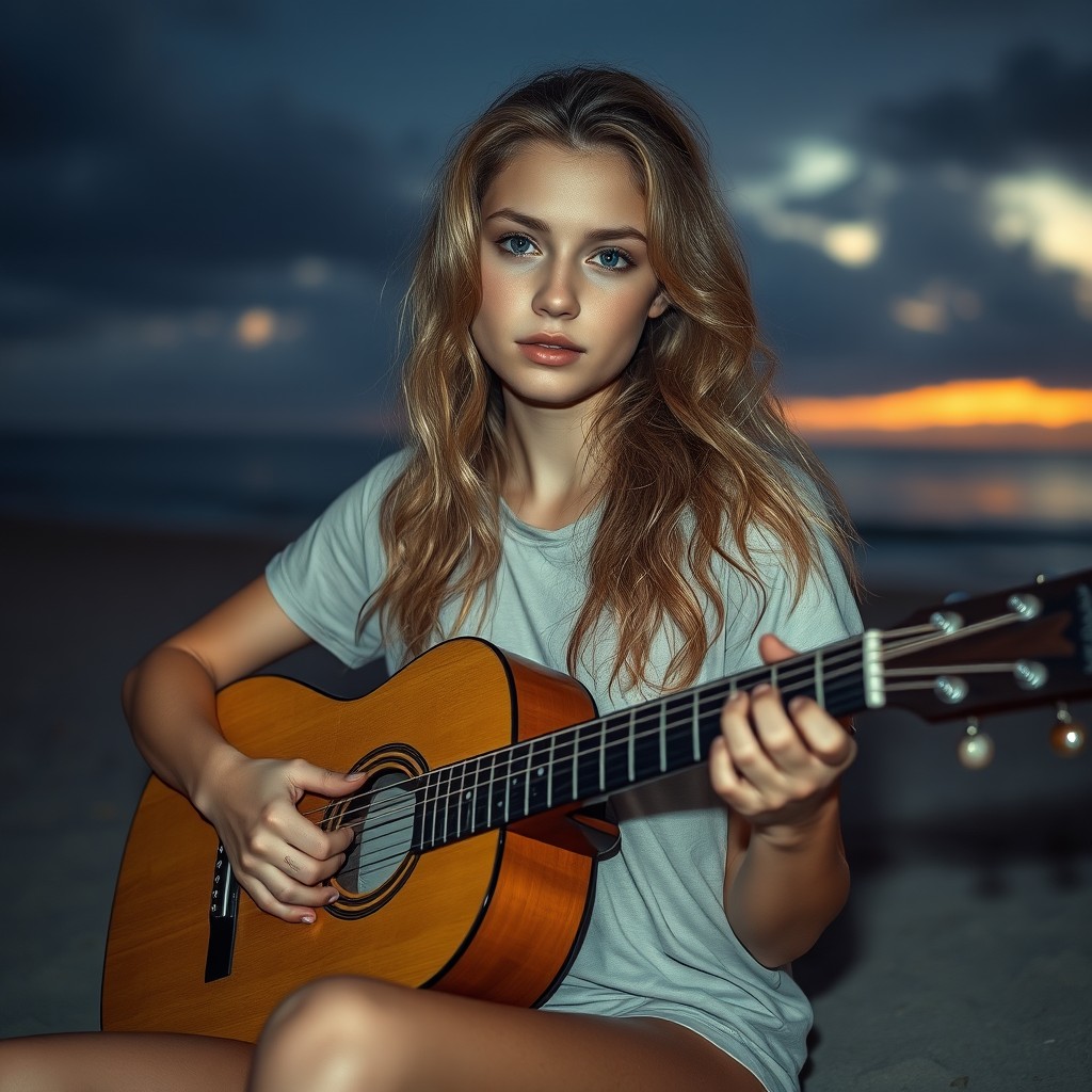 An intimate, natural portrait of a young woman with long, wavy blonde hair, sitting on a sandy beach at sunset or twilight