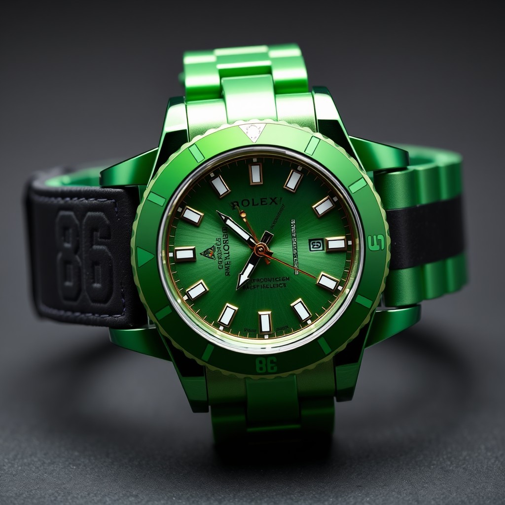 A luxurious wristwatch inspired by high-end sports watches like Rolex, featuring a green color scheme
