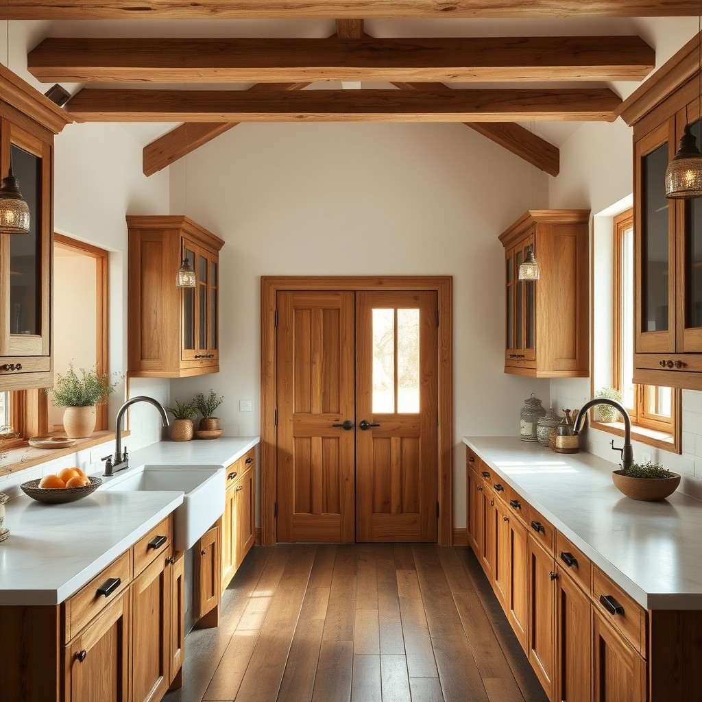 A long rustic minimalist kitchen featuring two doors