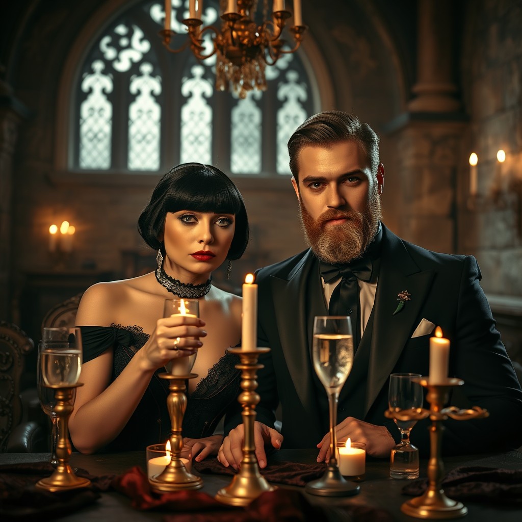 A glamorous scene featuring a woman with black hair styled in bangs and a handsome man with a sandy beard, both dressed in elegant, vampire-inspired outfits suitable for Halloween