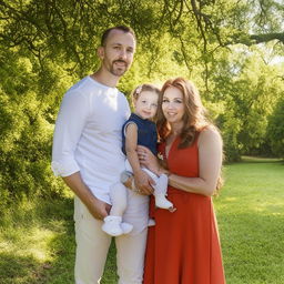 A portrait of a family, featuring a man, a woman, and a child, all dressed in matching outfits, posing together in a picturesque park setting.