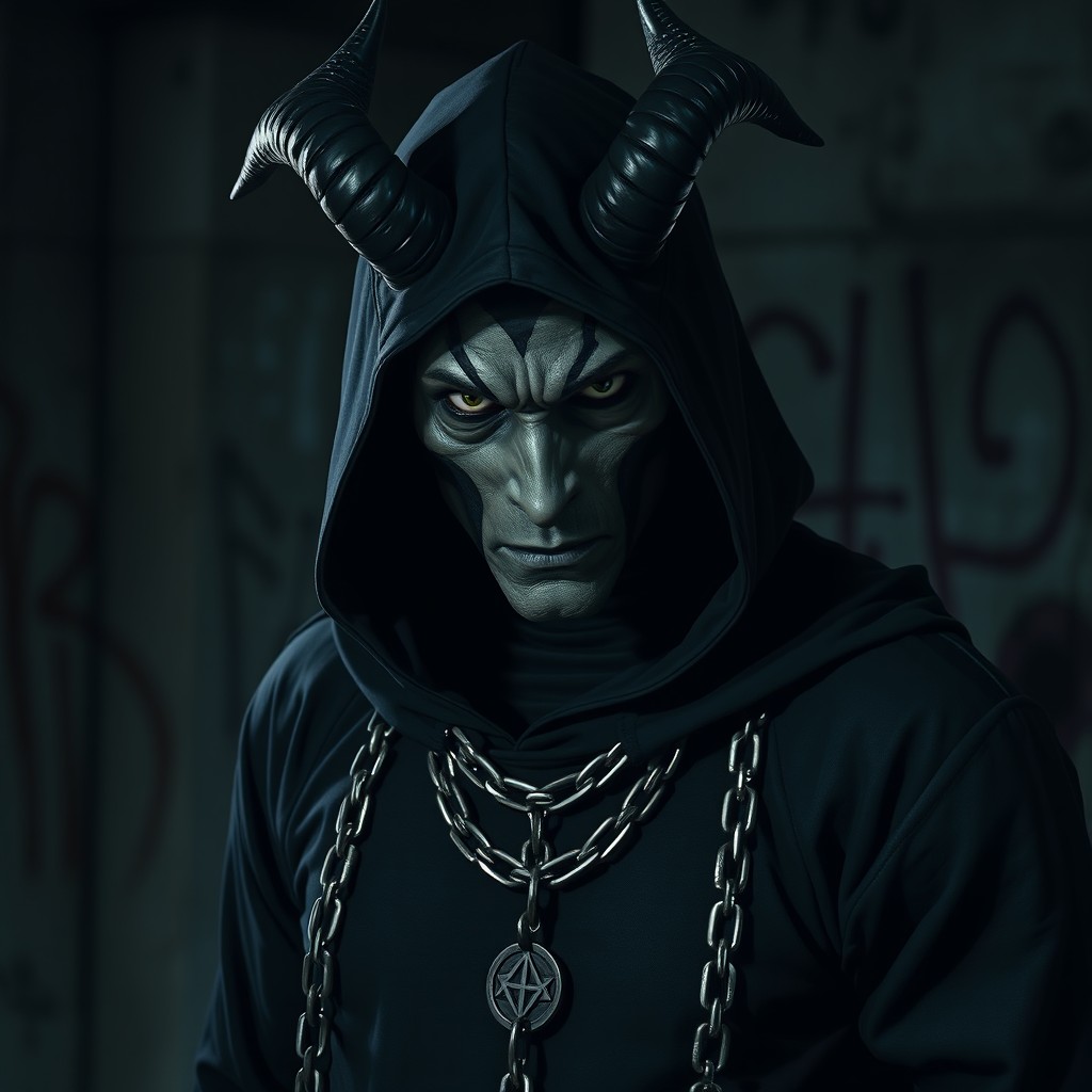 A black-clad figure that embodies the menace of a street thug, featuring sharp, angular features reminiscent of a demon from a mystery cult