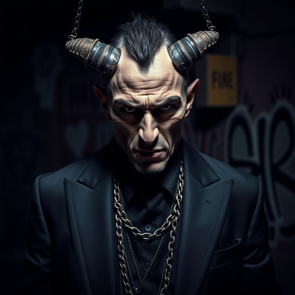 A compelling image of a black-clad figure that captures the menace of a street thug while resembling a demon from a mystery cult