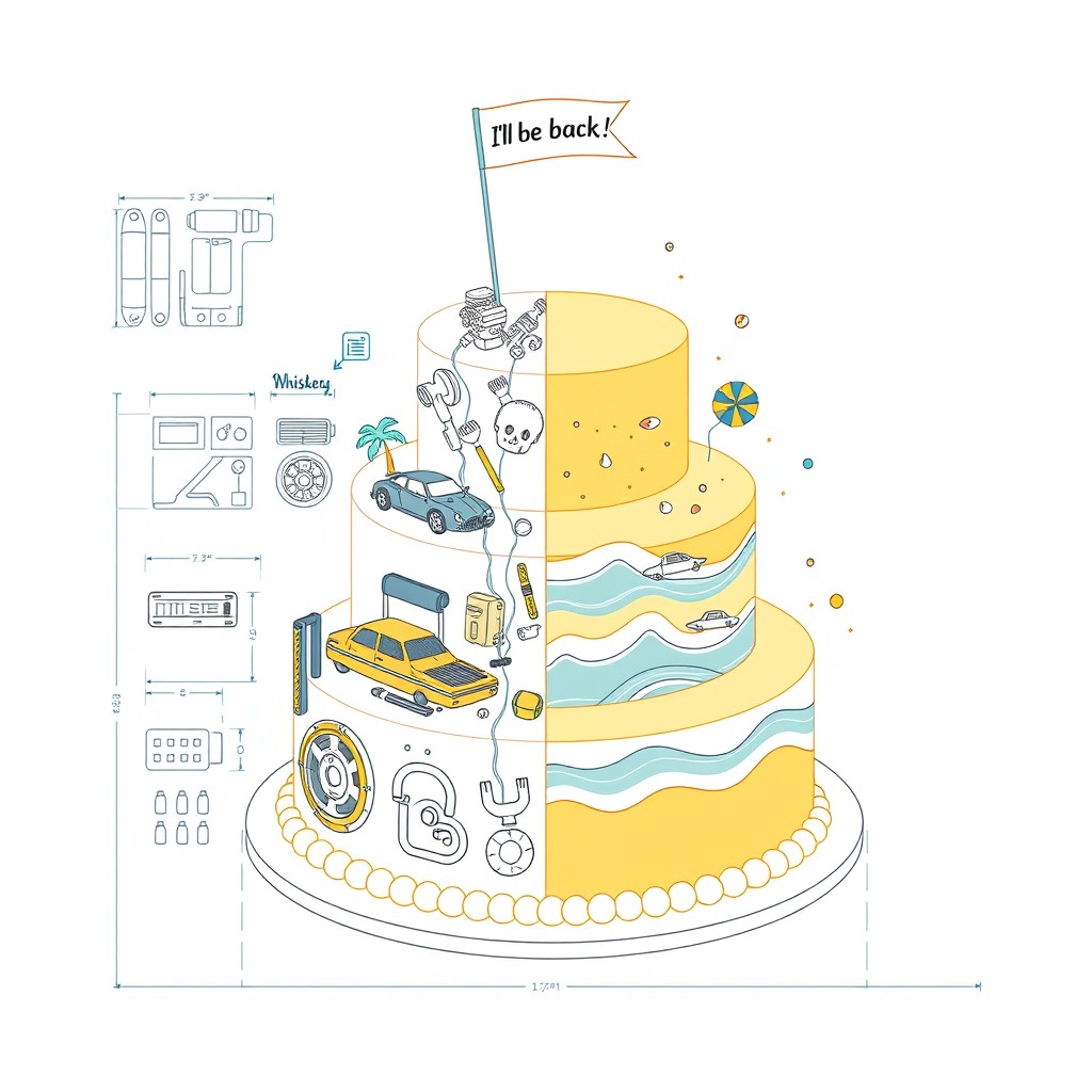 A technical illustration of a three-tiered cake design shown from a flat lay perspective