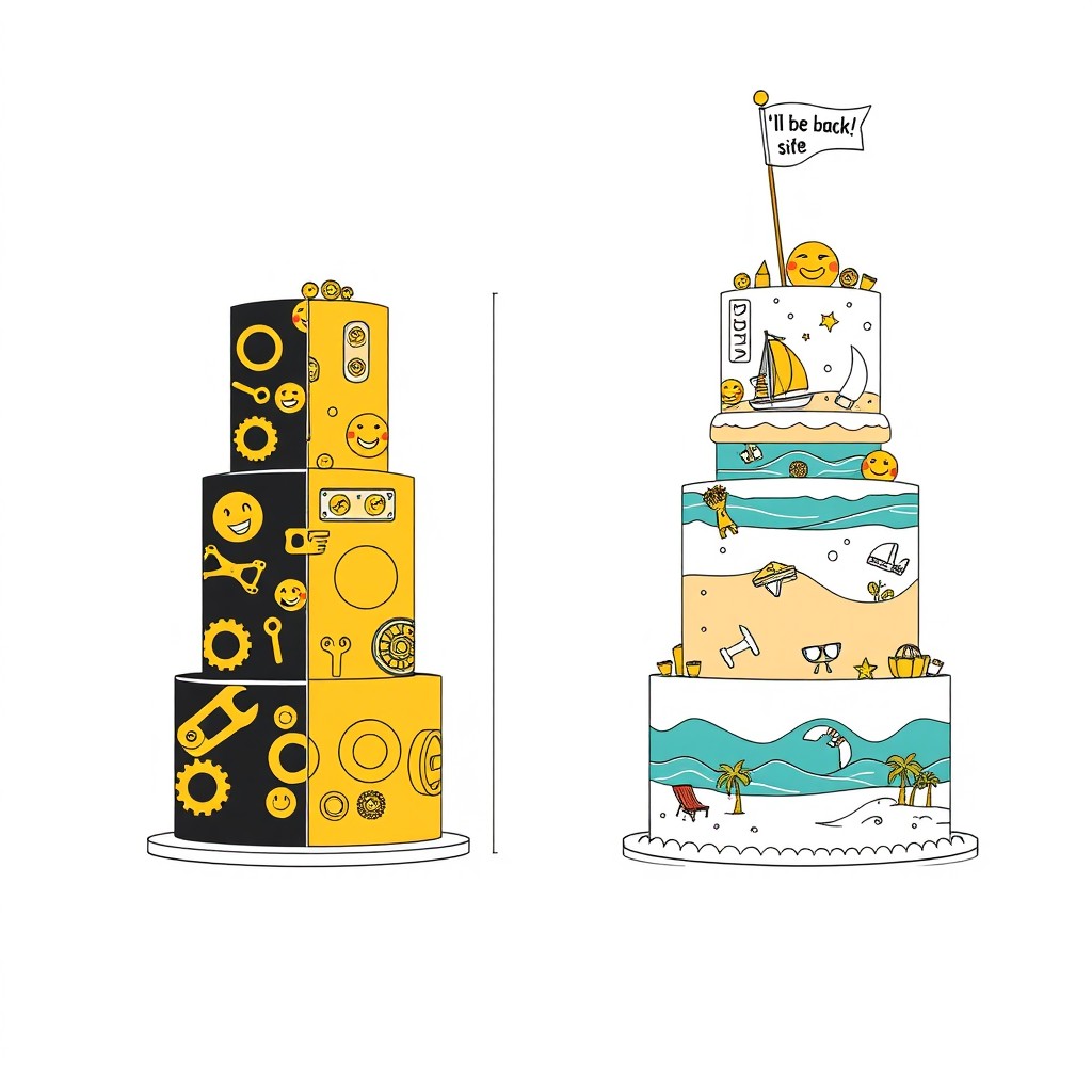 A technical sketch and pastry chef blueprint of a tall three-tiered cake, shown from both side and top view