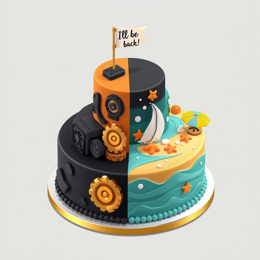 An illustrative cake design presented in an isometric view featuring a stylish three-tiered cake split into two vertical halves