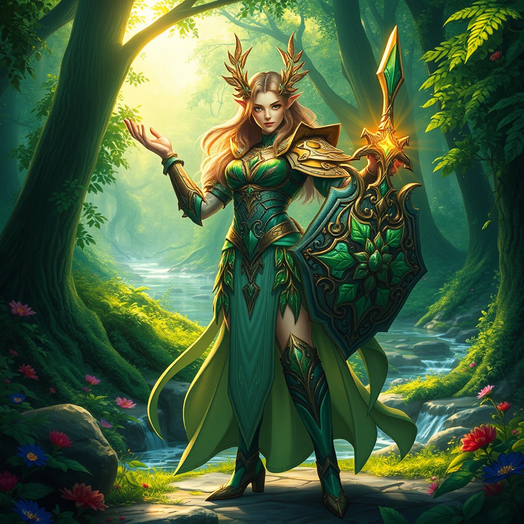 A powerful and majestic female protector aasimar, embodying the essence of nature as a paladin