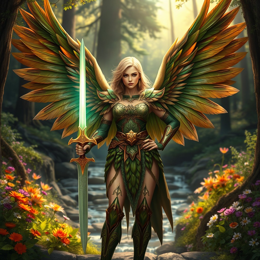 A striking female nature paladin with majestic, feathered wings, standing proudly in a lush, vibrant forest