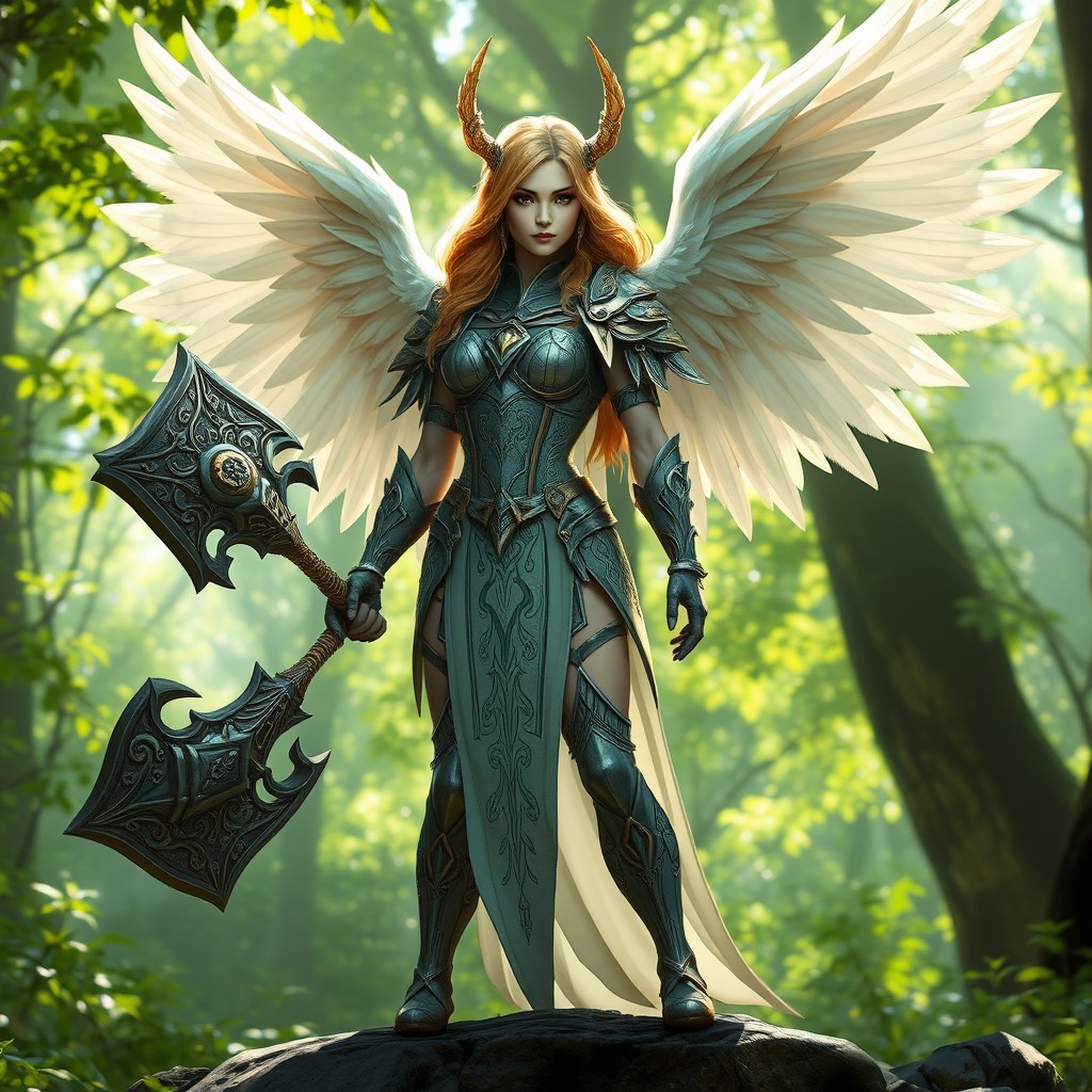 A majestic female Aasimar nature paladin with stunning feathery wings, exuding an aura of divine light and strength