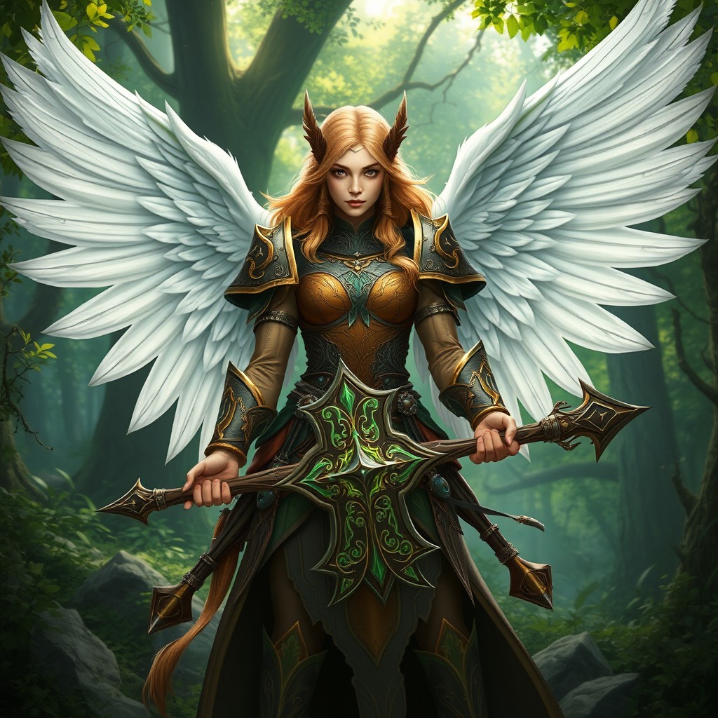 A majestic female Aasimar nature paladin, depicted in stunning detail, with radiant white feathered wings gracefully spread behind her