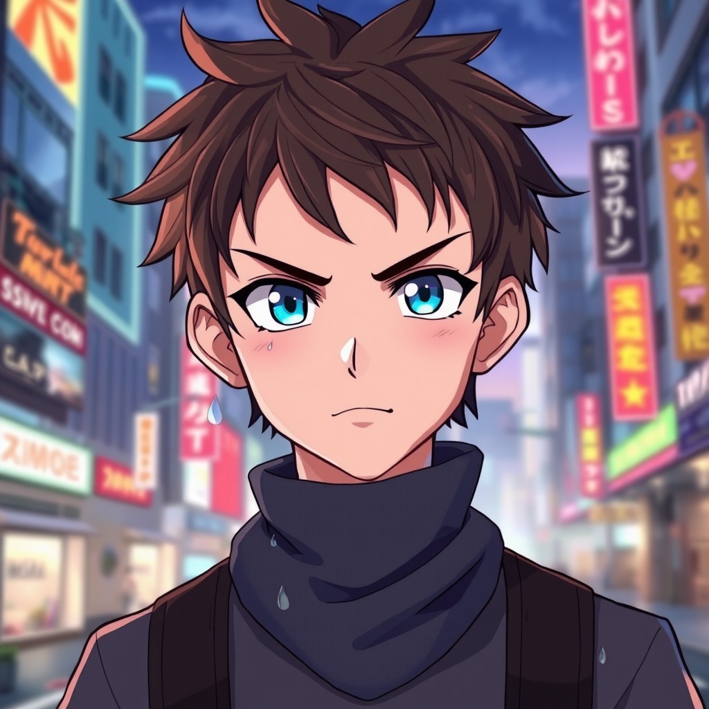 A stylized anime portrayal of a teenage boy with tousled hair and a determined expression, wearing a neck gaiter that is slightly damp from a recent wetlook