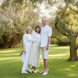 A portrait of a family, featuring a man, a woman, and a child, all dressed in matching outfits, posing together in a picturesque park setting.