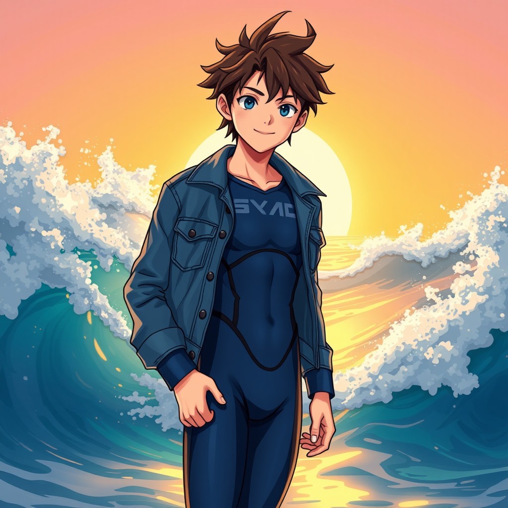 An anime-style illustration of a teenage boy wearing a stylish blue full body wetsuit, layered with a trendy denim jacket