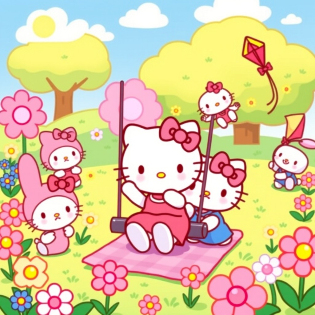 A cheerful and colorful illustration of Hello Kitty and her friends, featuring characters like My Melody, Keroppi, and Badtz-Maru, all joyfully gathered in a vibrant park setting
