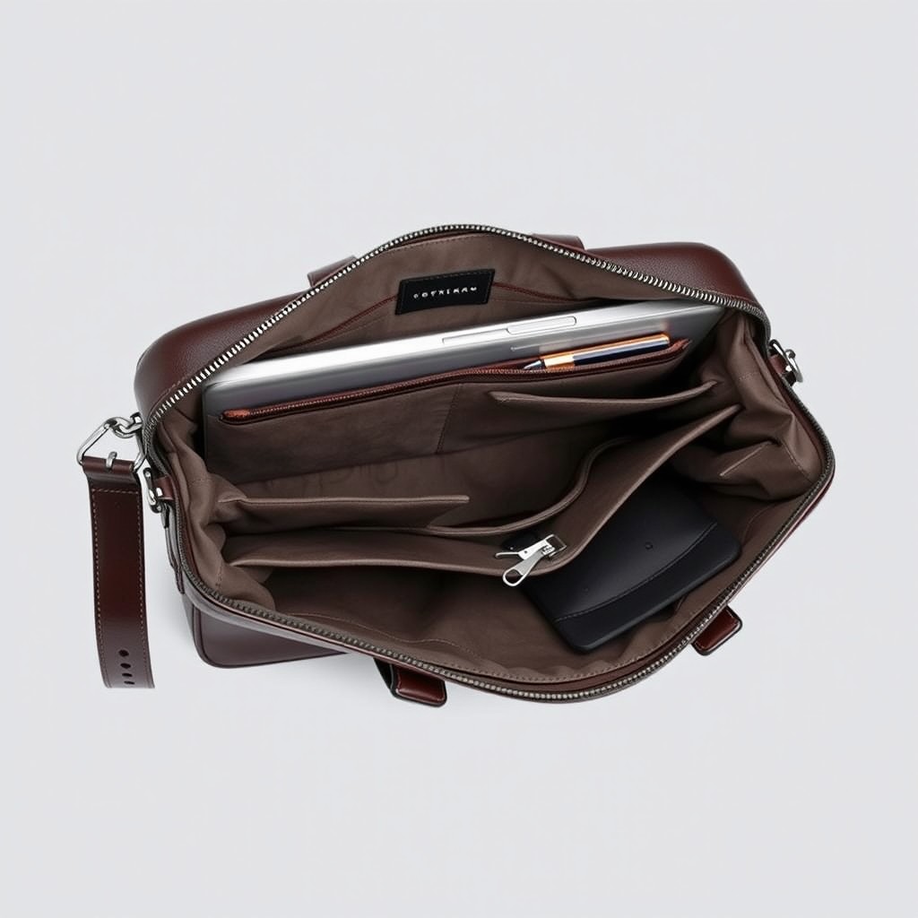 A stylish and modern laptop leather bag, designed to look slim while providing ample space for a laptop and other essentials