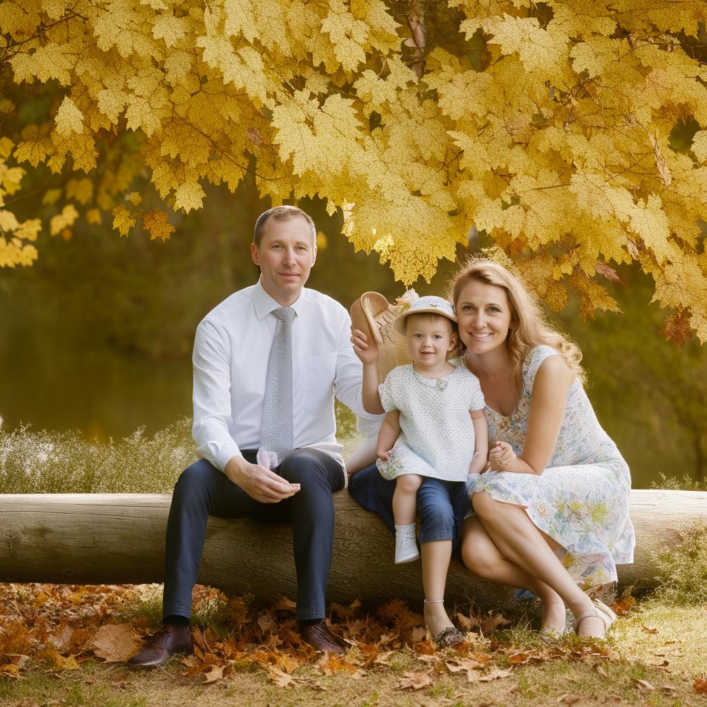 A portrait of a family, featuring a man, a woman, and a child, all dressed in matching outfits, posing together in a picturesque park setting.