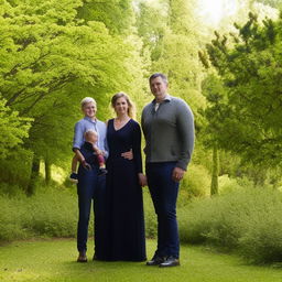 A portrait of a family, featuring a man, a woman, and a child, all dressed in matching outfits, posing together in a picturesque park setting.