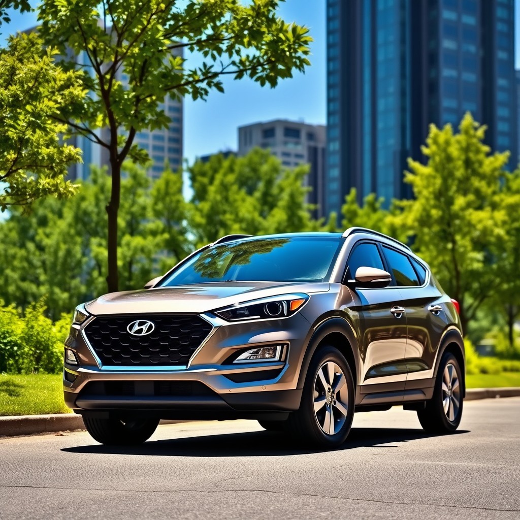 A sleek and modern Hyundai Tucson parked in a sunny urban environment, showcasing its stylish design with sharp lines and a bold front grille