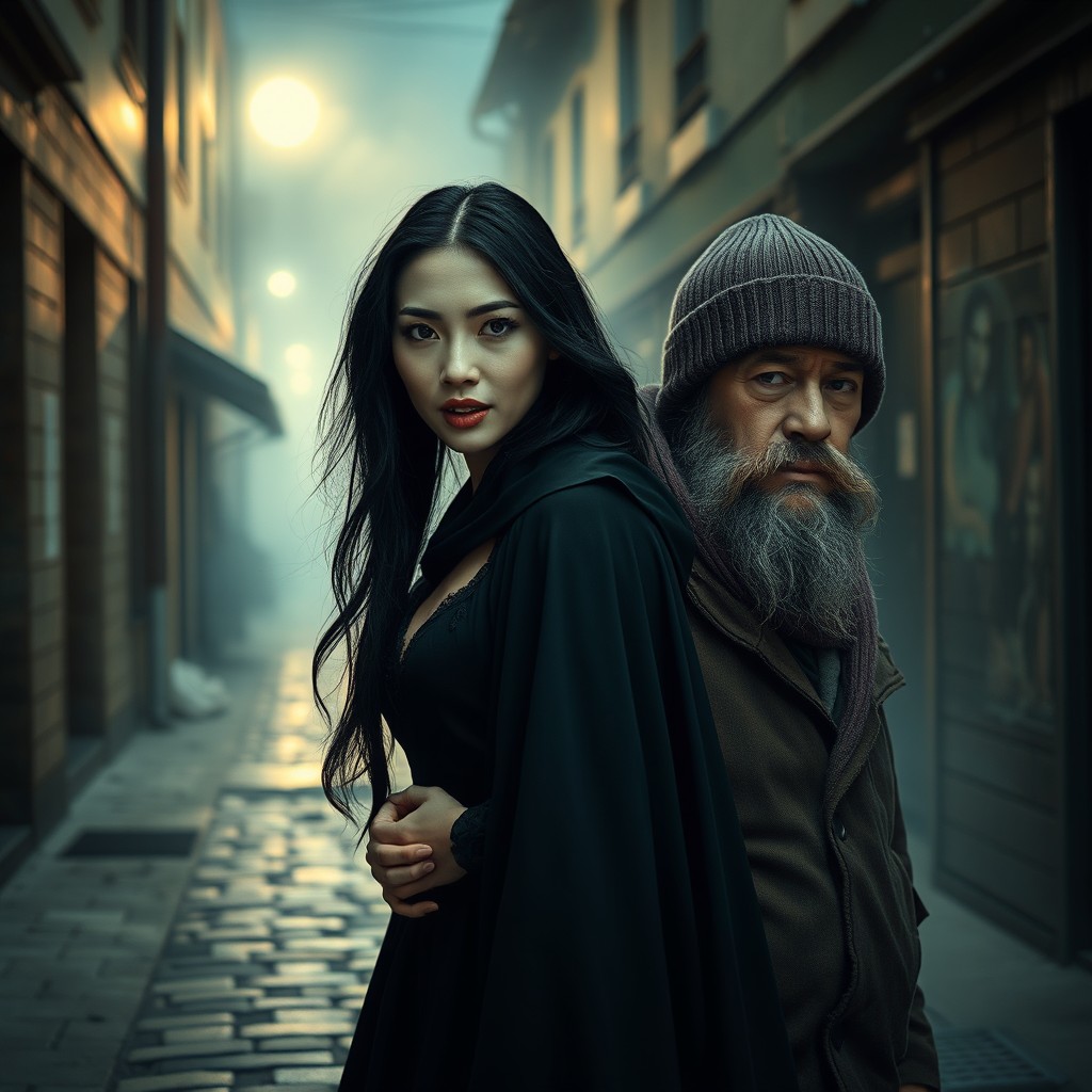 A dramatic scene featuring an Asian vampire with striking fangs and piercing eyes, dressed in a dark, elegant cloak