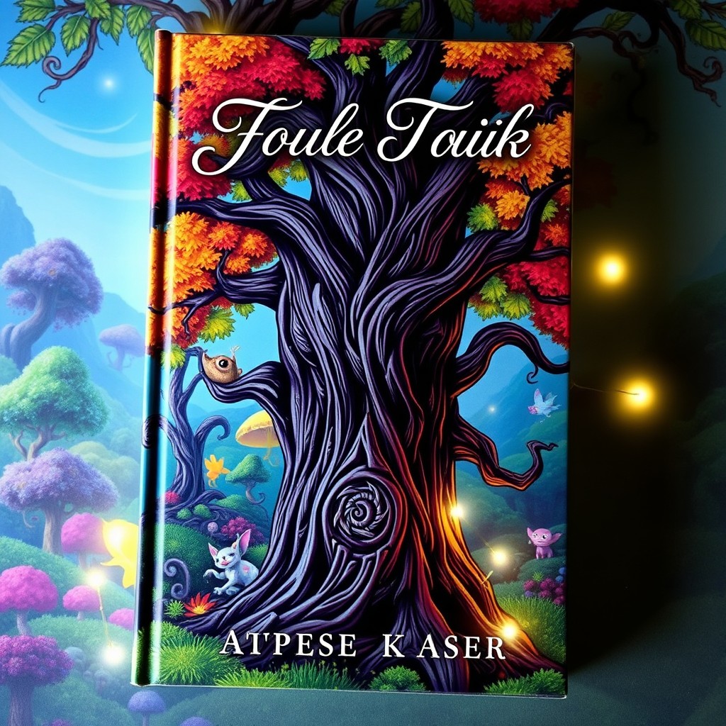 A captivating book cover featuring a whimsical forest with vibrant colors, magical creatures peeking from behind the trees, and a clear blue sky above