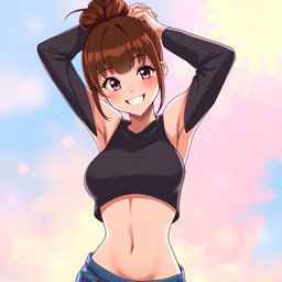 An anime girl with brown hair styled into a little bun, featuring an athletic figure