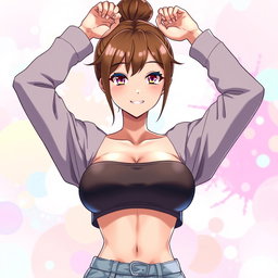 An anime girl with brown hair styled into a little bun, featuring an athletic figure
