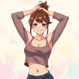 An anime girl with brown hair styled into a little bun, featuring an athletic figure
