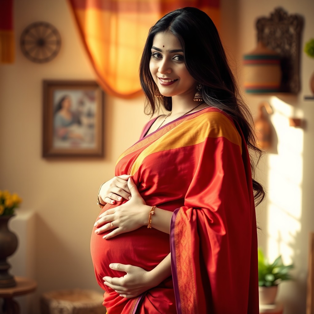 A serene portrait of an Indian pregnant woman, showcasing her natural beauty in a traditional vibrant saree
