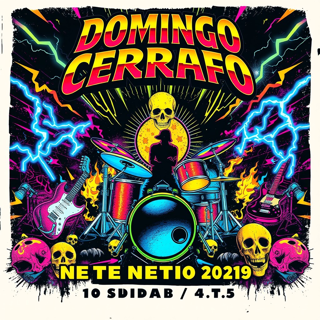 A vibrant and dynamic rock metal concert poster for a fictional band called Domingo Cerrafo, inspired by the 1980s aesthetic