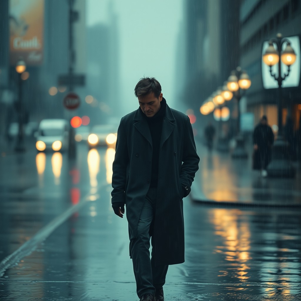 A solitary man walking in the rain, looking melancholic