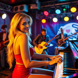 A vibrant scene depicting a sexy blonde woman playing the piano, positioned behind a lively band