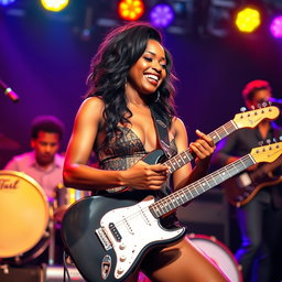 An electrifying scene featuring a sexy black woman playing the guitar passionately, located behind a dynamic band