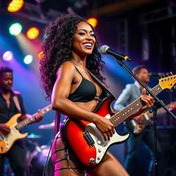 An electrifying scene featuring a sexy black woman playing the guitar passionately, located behind a dynamic band