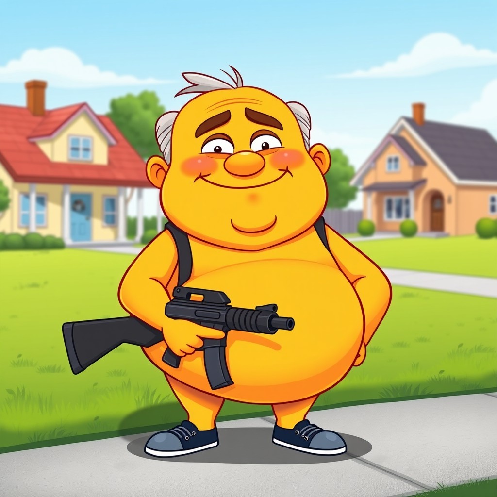 A cartoonish depiction of a character resembling a bumbling, yellow-skinned father figure with a round belly and a jovial expression, holding a cartoon-style gun