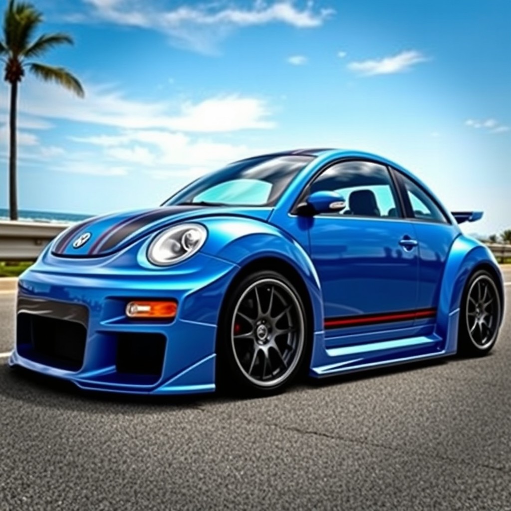A customized body kit for a 2006 Volkswagen Beetle, showcasing sleek lines and an aggressive stance