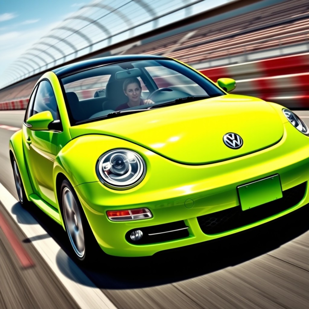 A dynamic, sporty image of a 2006 Volkswagen Beetle in a vibrant fluorescent green color