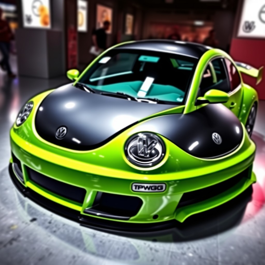 A stunning design concept for a body kit for a 2006 Volkswagen Beetle, featuring a vibrant fluorescent green color