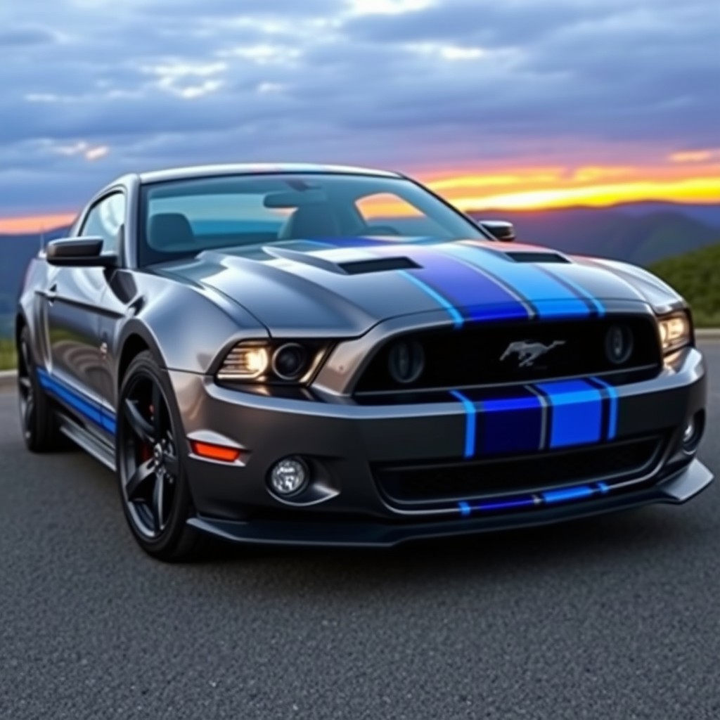 A sleek grey Ford Mustang featuring vibrant blue stripes, showcasing the classic muscle car's powerful and stylish design