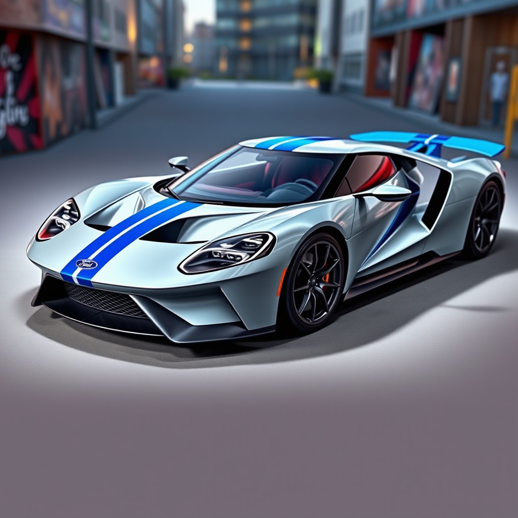 A stunning light gray Ford GT with unique blue stripes, showcasing an innovative and futuristic design that has never been seen before