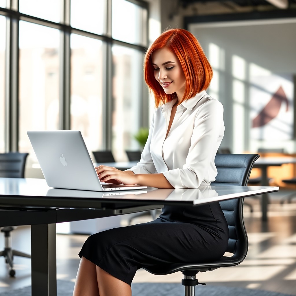 A beautiful young woman with vibrant red hair styled in an elegant bob, wearing a smart, form-fitting pencil skirt and a crisp white blouse