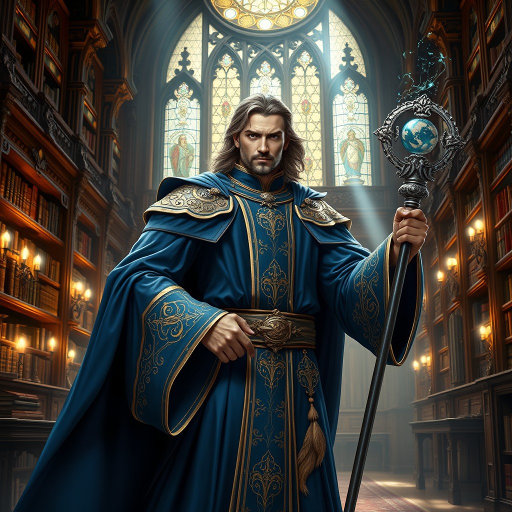 A majestic human male noble sorcerer adorned in intricate robes embellished with mystical symbols, standing confidently in a grand, elegantly designed library filled with ancient tomes and arcane artifacts
