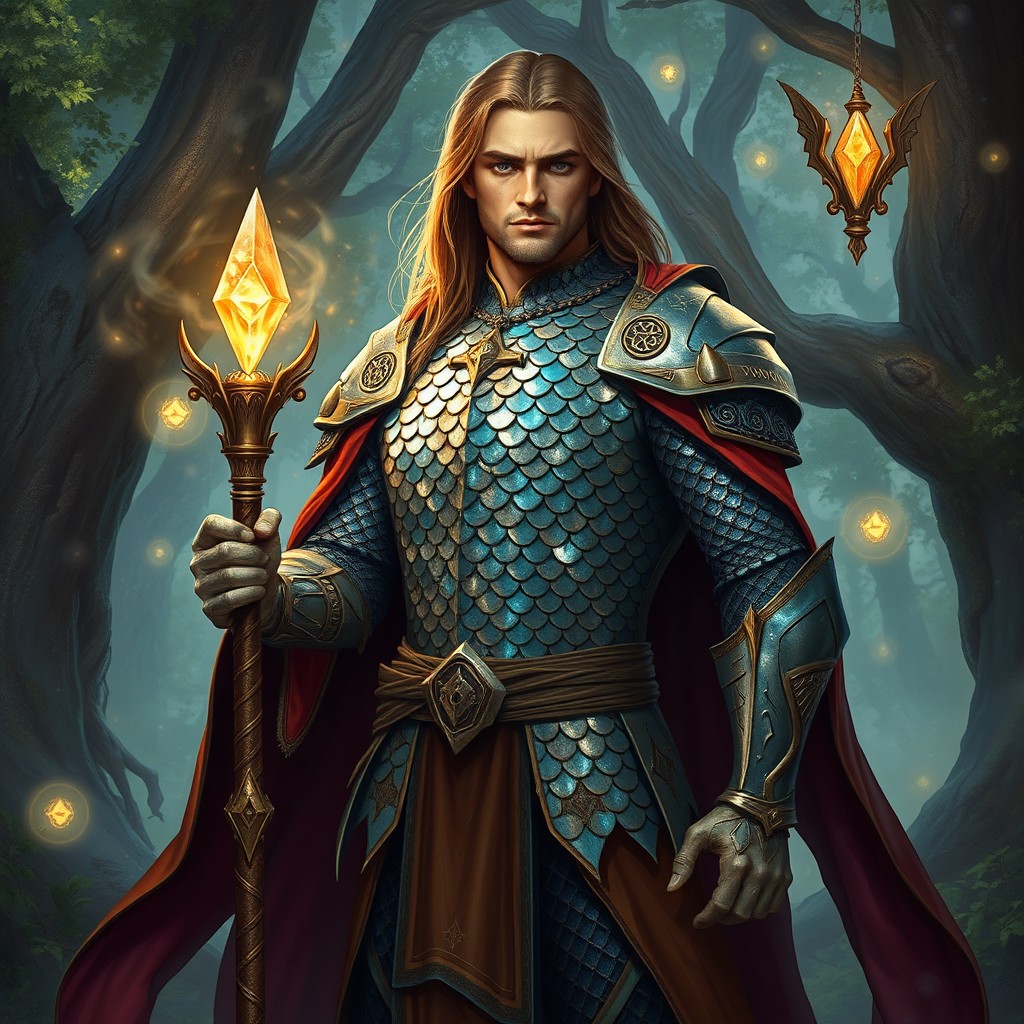 A striking human male noble sorcerer clad in glimmering scale mail armor, intricately designed with an iridescent sheen that captures the light beautifully
