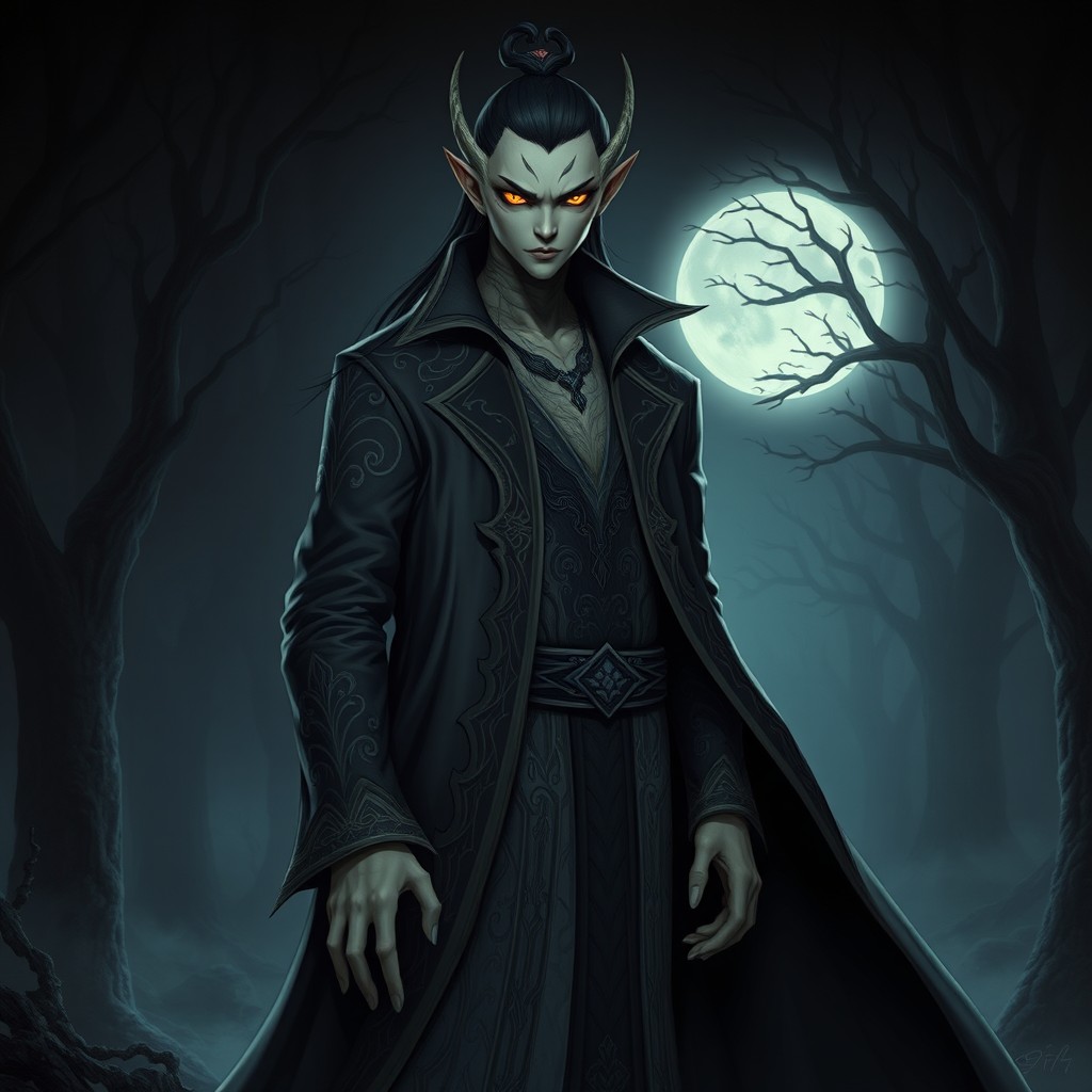 A Yuan-Ti male character with snake-like eyes, wearing a long, flowing duster coat