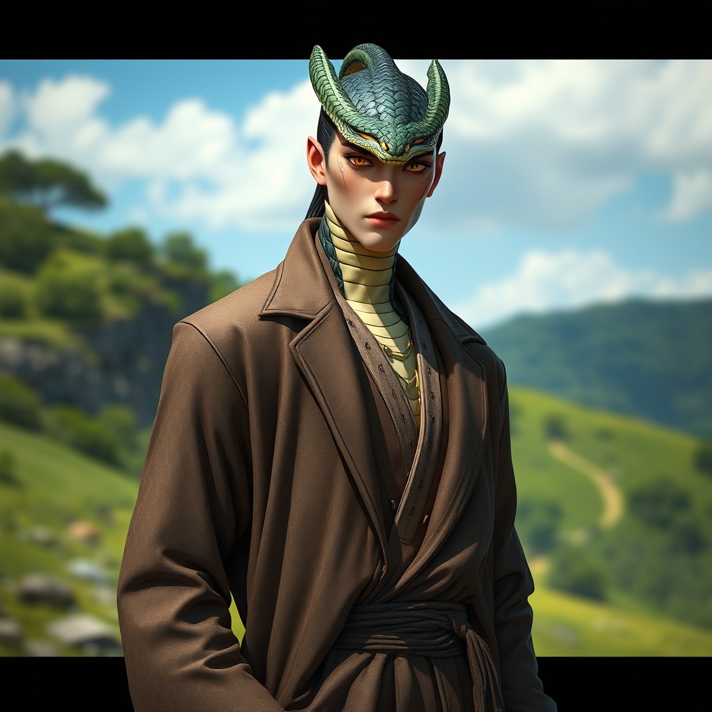 A portrait-style image of a Yuan-Ti male character with snake-like eyes, standing confidently in a duster coat during the daytime