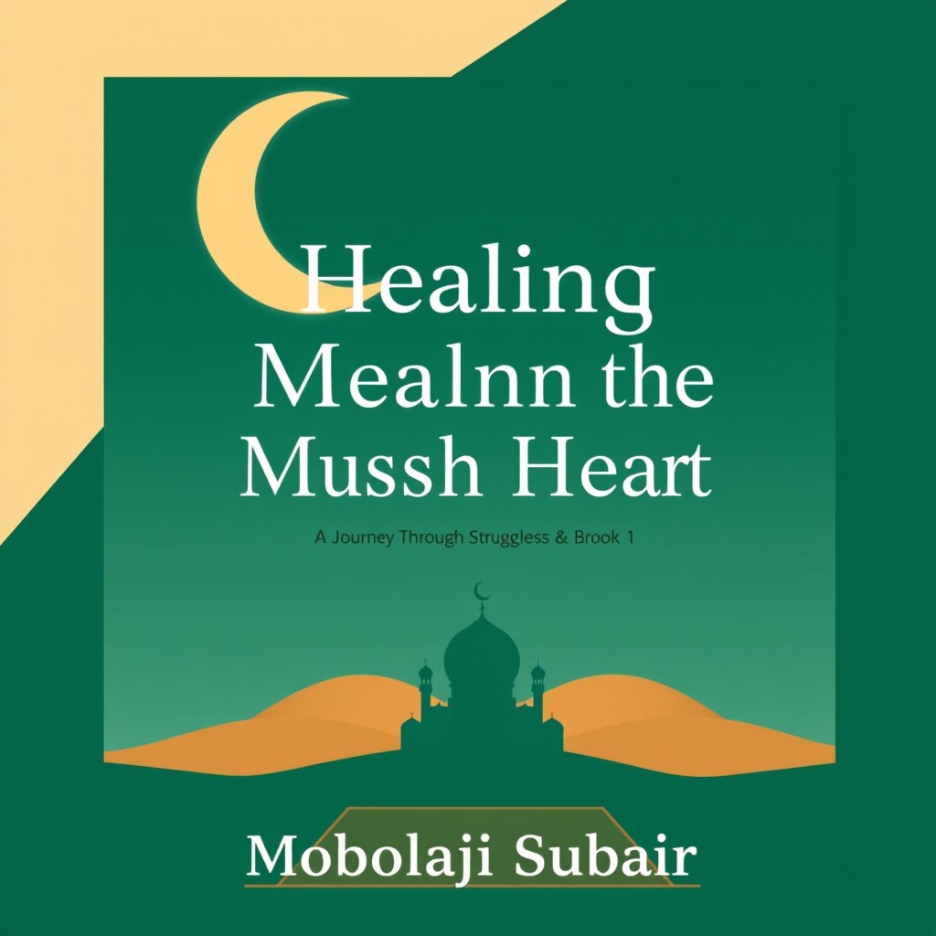 Audiobook cover design titled 'Healing the Muslim Heart' with the subtitle 'A Journey Through Struggles & Faith — Book 1', featuring the author name 'Mobolaji Subair'