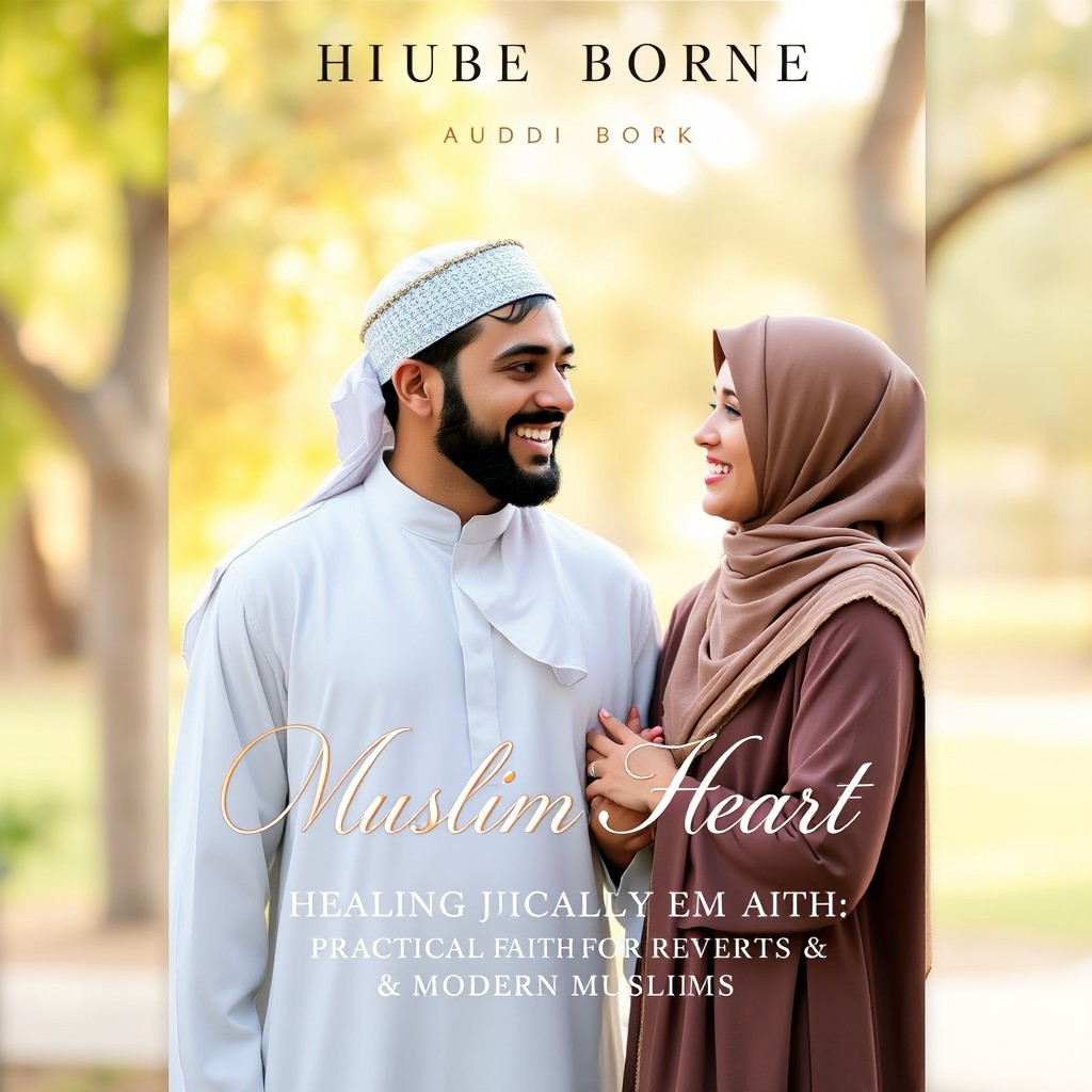 An audiobook cover featuring a Muslim man and woman engaged in a thoughtful conversation