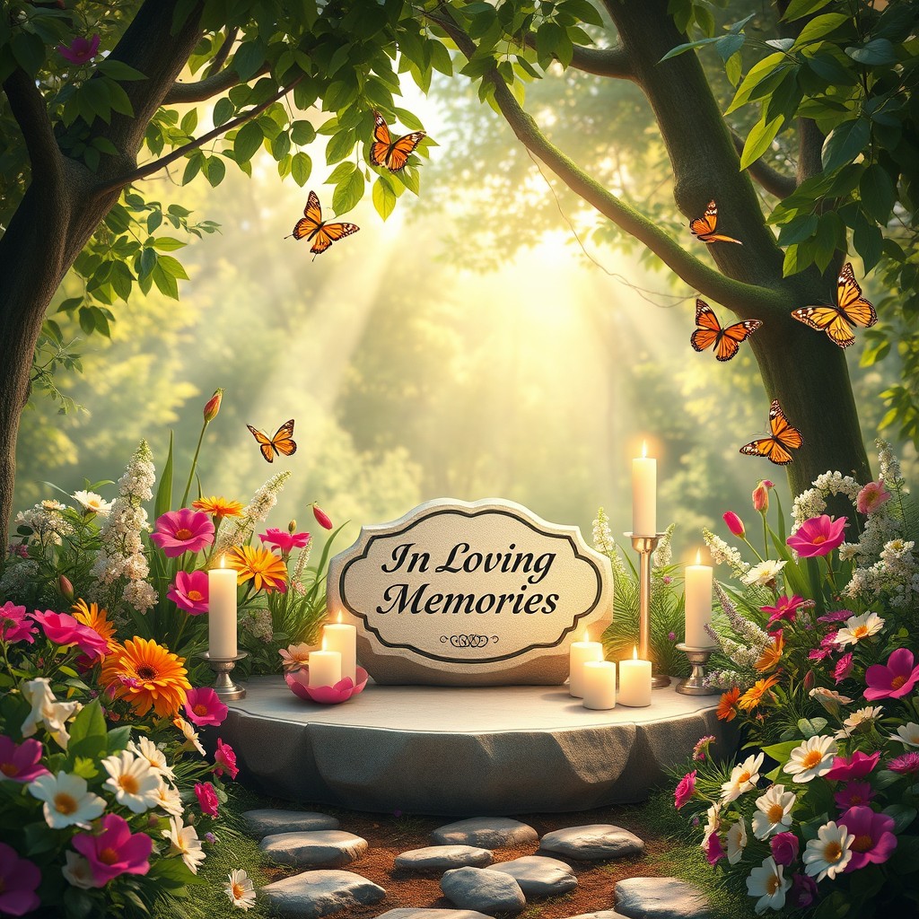 A serene and beautiful tribute scene in a tranquil garden, filled with vibrant flowers and lush greenery, symbolizing love and remembrance