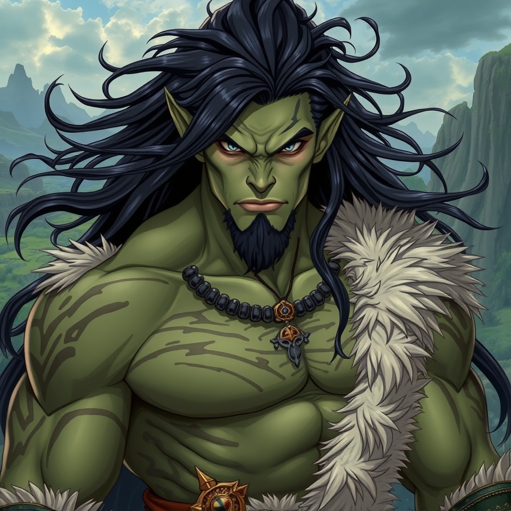 A striking half-orc chief with a muscular build, featuring long ash black hair that flows elegantly